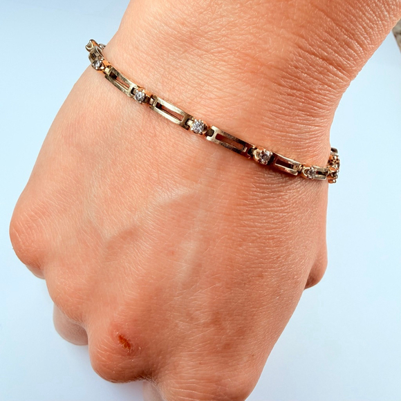 14K Solid Yellow Gold .70 CT Genuine Diamond Square Link VTG Tennis Bracelet - Picture 4 of 11